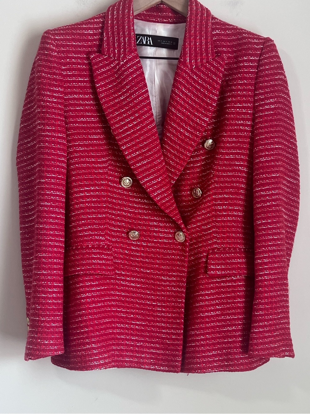 Zara Double Breasted Blazer Tailored Red Gold Buttons Tweed Sz Small - Picture 1 of 8